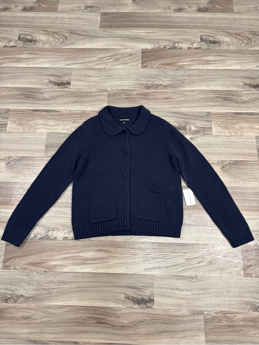 Lucky Brand Collared Button Up Cardigan Sweater in Cadet Navy 100% Cotton Sz Med